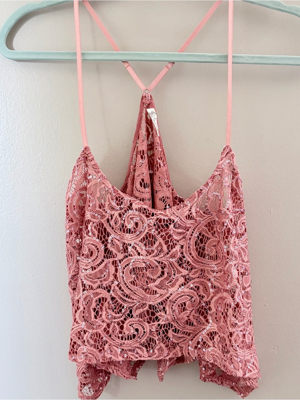 Free People Pink Lace Sequin Cami Tank Top Boho Festival Backless XS NWOT